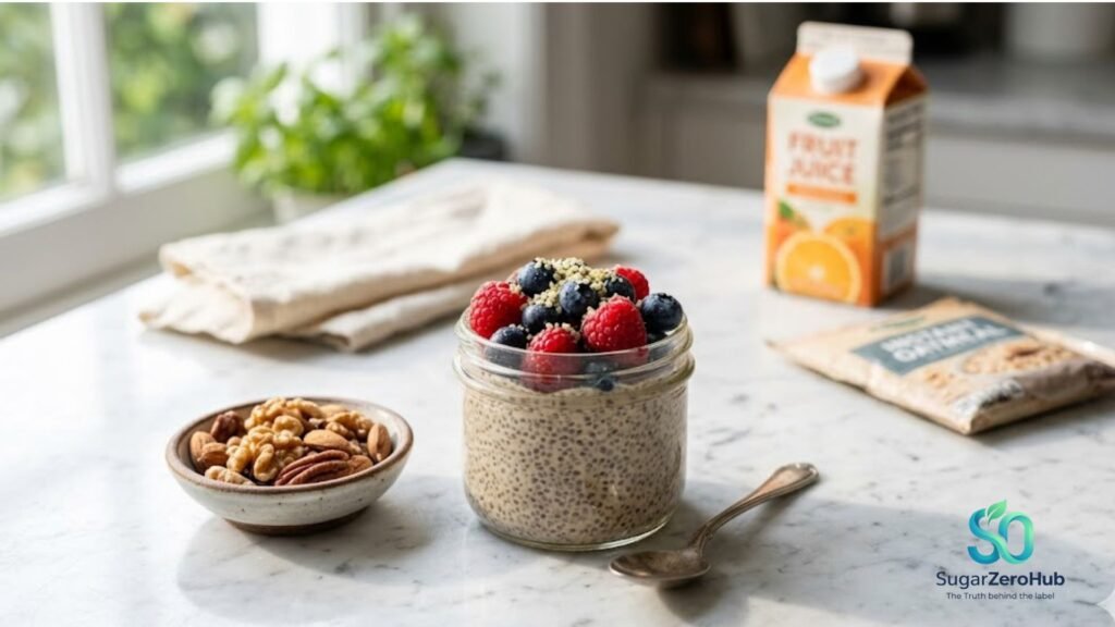 Contrasting healthy sugar-free berries and chia pudding with processed fruit juice and instant oatmeal to prevent insulin resistance