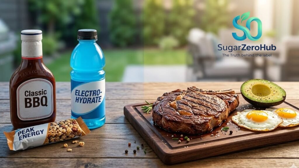 The "Beer Belly" Myth: Why Hidden Sugars Are the Real Culprit Contrasting processed foods like barbecue sauce and sports drinks with grilled steak, eggs, and avocado to show hidden sugars causing beer belly visceral fat in men.