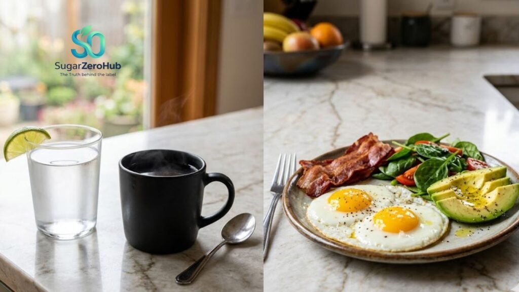 A split table view showing black coffee and water for morning fasting next to a plate with eggs, avocado, and bacon to lower insulin and lose weight.