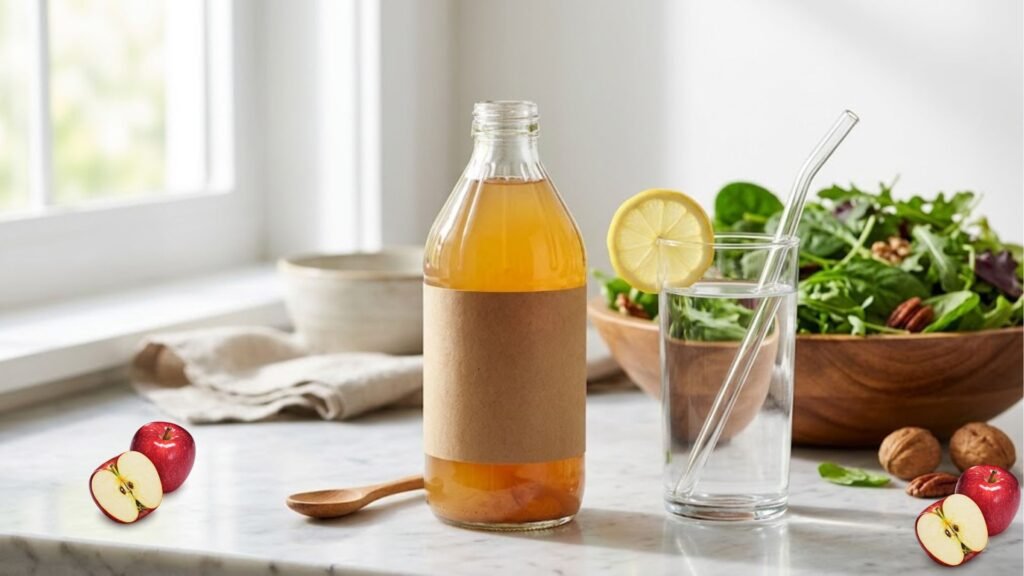 A glass of refreshing water with a lemon slice and a glass straw next to a glass bottle of raw apple cider vinegar on a kitchen counter
