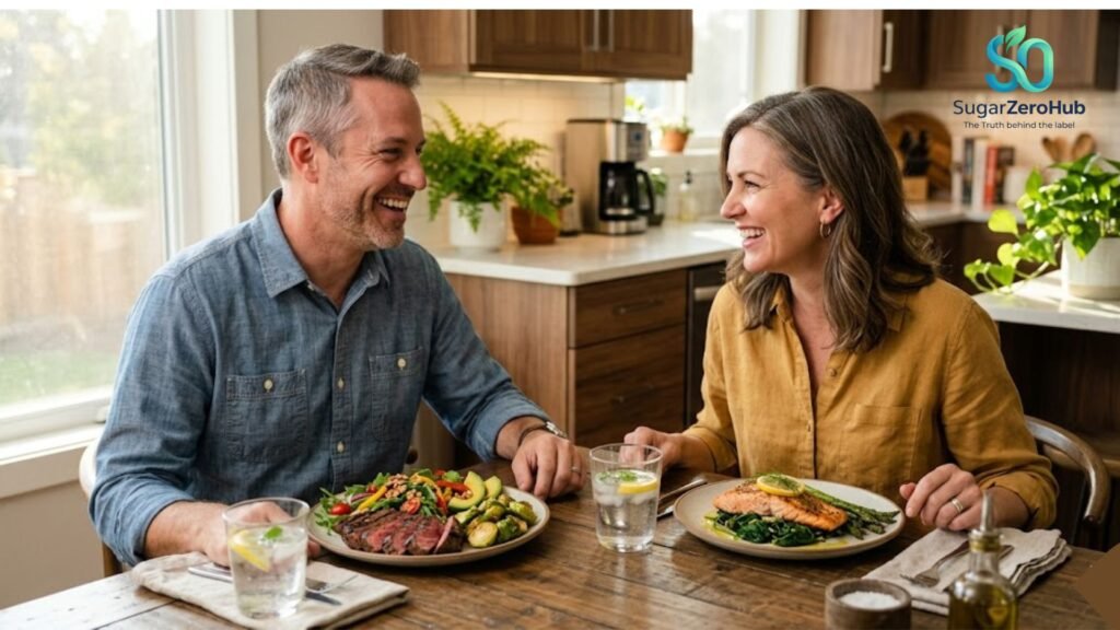A joyful couple in their 40s enjoying a succulent and balanced meal of steak, salmon, and fresh vegetables in a bright kitchen, representing metabolic health and blood sugar mastery.