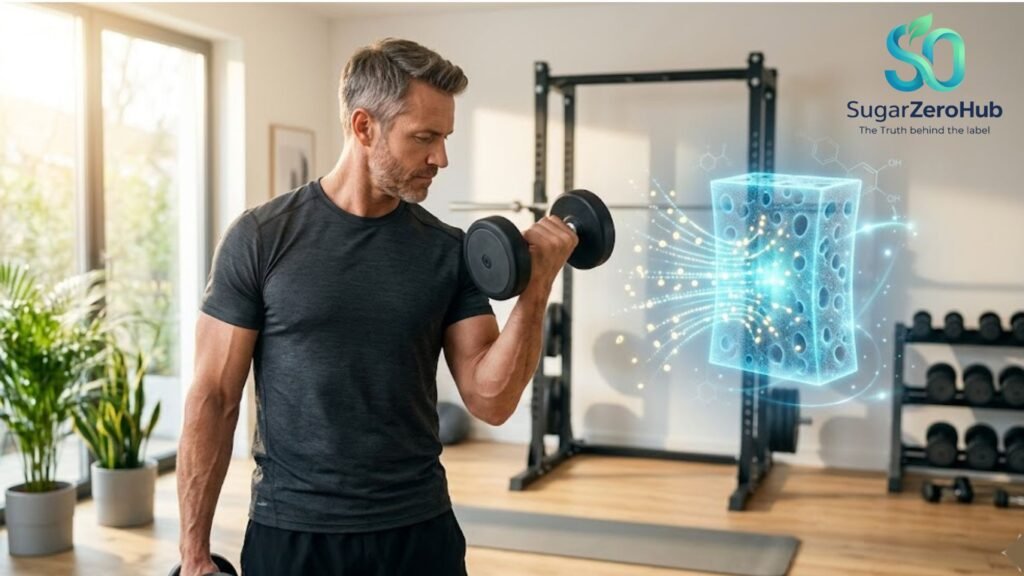 Man lifting weights, illustrating muscles acting as a glucose sponge.