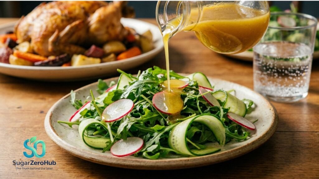 A beautiful, high-quality photograph of a fresh green starter salad being drizzled with apple cider vinegar to build a pre-meal armor against blood sugar spikes.