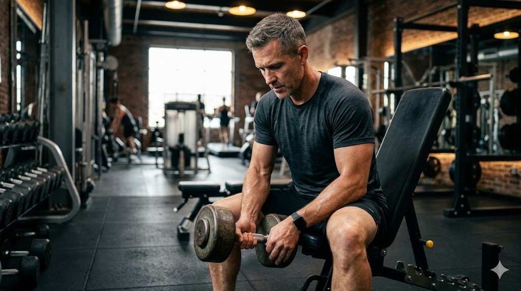 A fit man in his 40s preparing to lift weights, representing natural testosterone boosting and overcoming insulin resistance.
