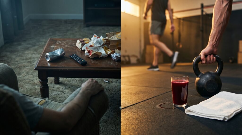 A split screen contrasting a glowing smartphone at 3 AM with a peaceful nightstand with a book and sleep mask, representing sleep deprivation and blood sugar.