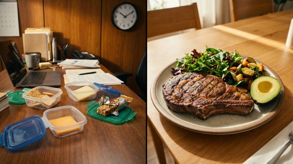 A split screen contrasting multiple small plastic snack containers with one large, satisfying healthy meal, representing the myth of eating 6 times a day.