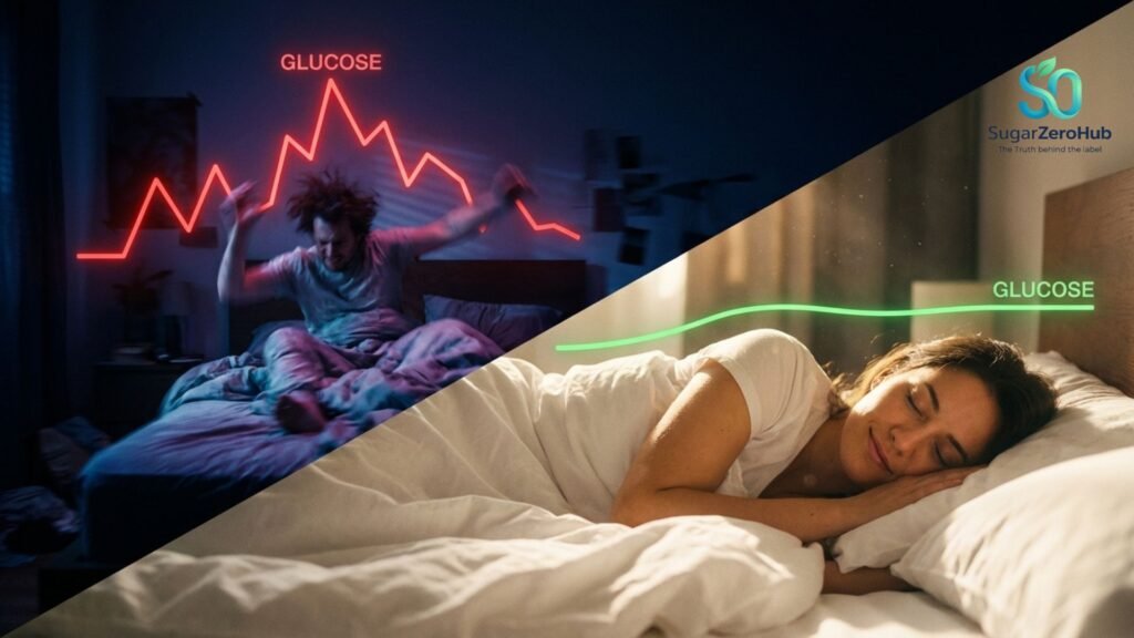 A diagonal split screen contrasting a restless sleeper with wildly spiking red glucose lines against a peaceful sleeper with flat green glucose lines in a bright room.