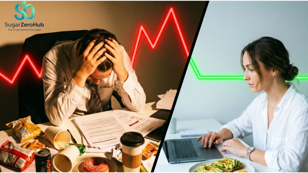 A diagonal split screen contrasting a distracted, frustrated worker with wildly spiking red glucose lines against a highly focused worker with flat green glucose lines at a clean desk.