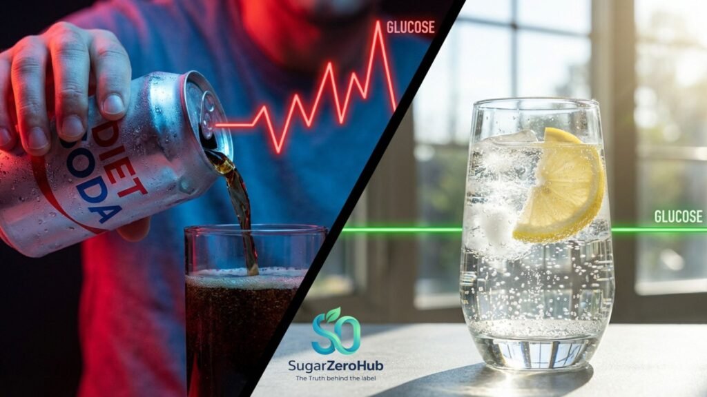 A diagonal split screen contrasting a diet soda causing an invisible insulin spike against a healthy glass of sparkling lemon water for perfectly flat blood sugar.