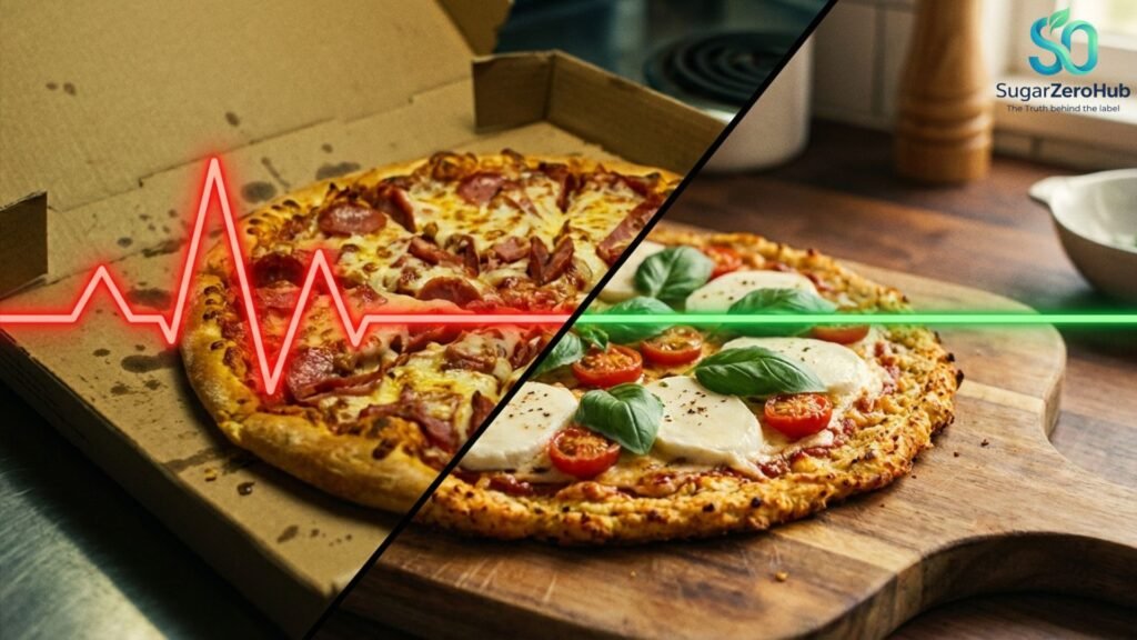 A diagonal split screen contrasting a greasy delivery pizza causing an invisible insulin spike against a healthy, crispy zero-carb protein crust pizza for perfectly flat blood sugar.