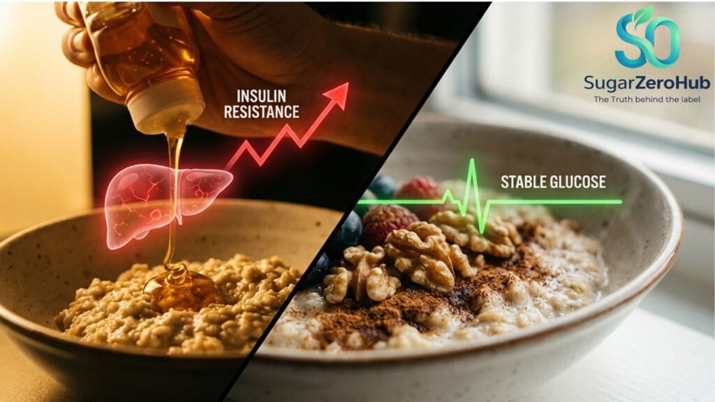 A diagonal split screen contrasting golden agave nectar being poured over food causing hidden liver damage against a healthy bowl seasoned with natural cinnamon for stable metabolism.