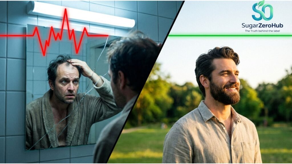 A diagonal split screen contrasting a stressed man with thinning hair and a red insulin spike graphic against a confident man with thick healthy hair and a flat green blood sugar graphic.