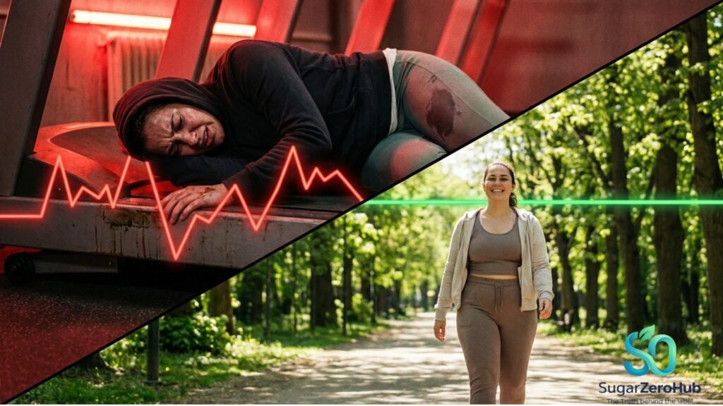 A diagonal split screen contrasting an exhausted person doing intense cardio causing a red cortisol sugar spike against a calm person walking outdoors for perfectly flat blood sugar.