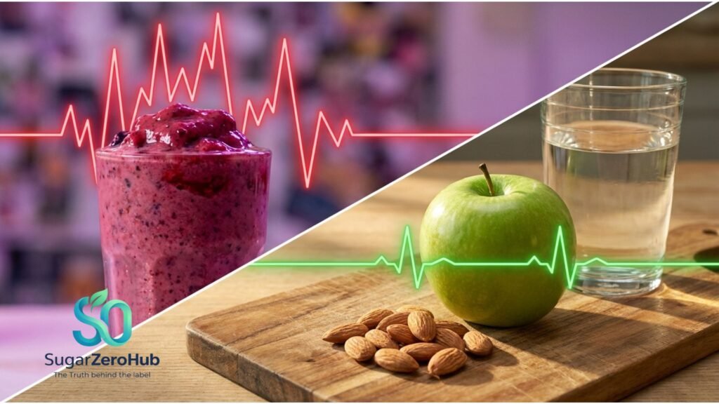 A diagonal split screen contrasting a blended sugary fruit smoothie causing an invisible insulin spike against a healthy whole apple with almonds for perfectly flat blood sugar.