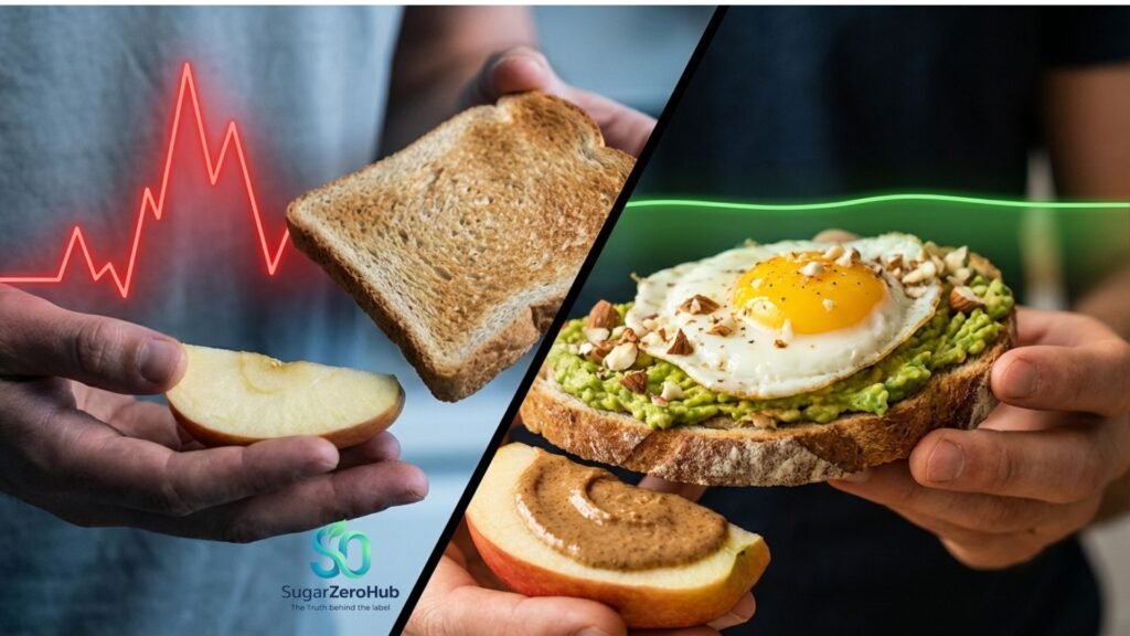 A diagonal split screen contrasting a naked carbohydrate causing an invisible blood sugar spike against a perfectly paired carbohydrate with fats and protein for stable glucose.