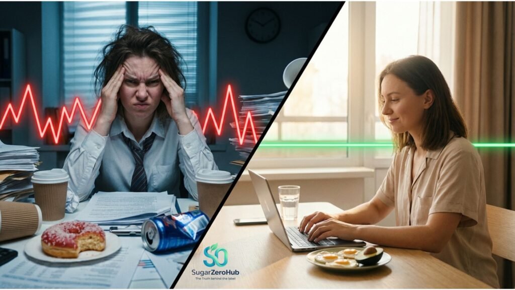 A diagonal split screen contrasting a distracted worker experiencing a red glucose spike (35%) against a highly focused worker with a flat green glucose line (65%).