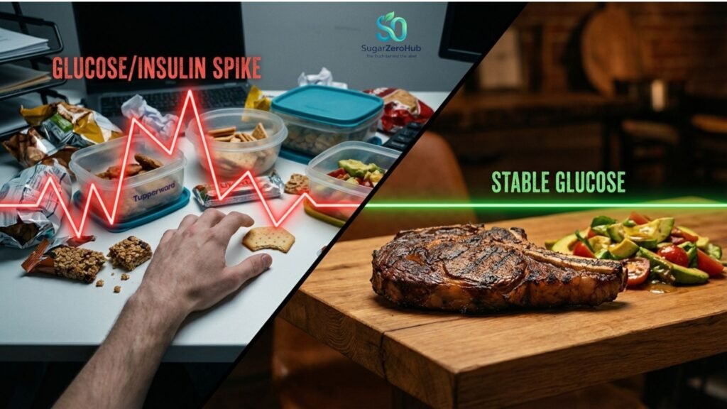 A diagonal split screen contrasting a chaotic desk full of constant small snacks causing a red insulin spike (35%) against a large, satisfying single meal for perfectly stable blood sugar (65%).