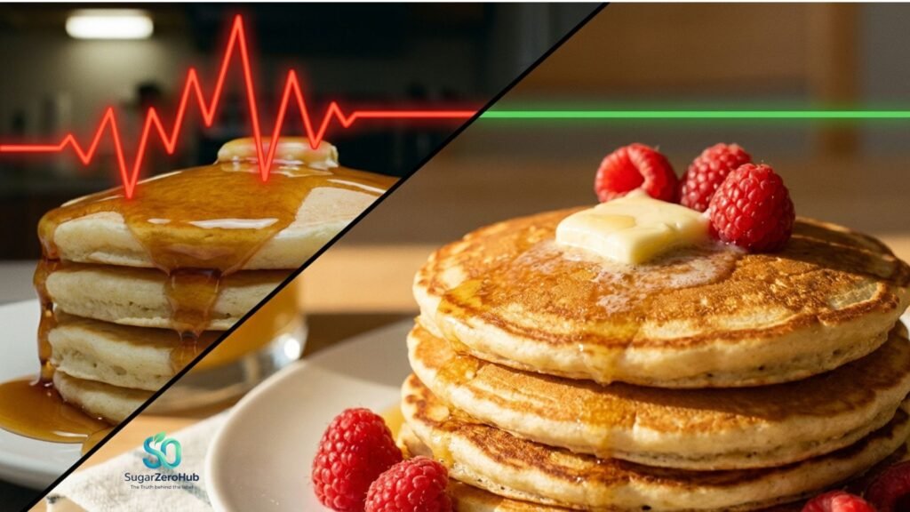 A diagonal split screen contrasting a stack of traditional sugary pancakes causing a red glucose spike (35%) against a healthy stack of almond flour pancakes for perfectly stable blood sugar (65%).