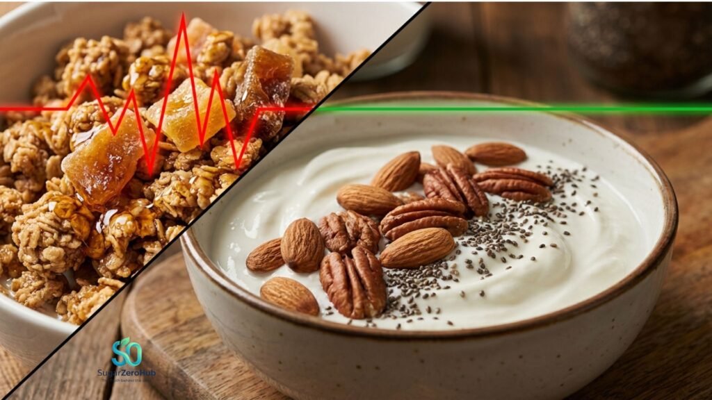 A diagonal split screen contrasting a bowl of sugary commercial granola causing a red glucose spike (35%) against a healthy bowl of yogurt with raw nuts and seeds for stable blood sugar (65%).
