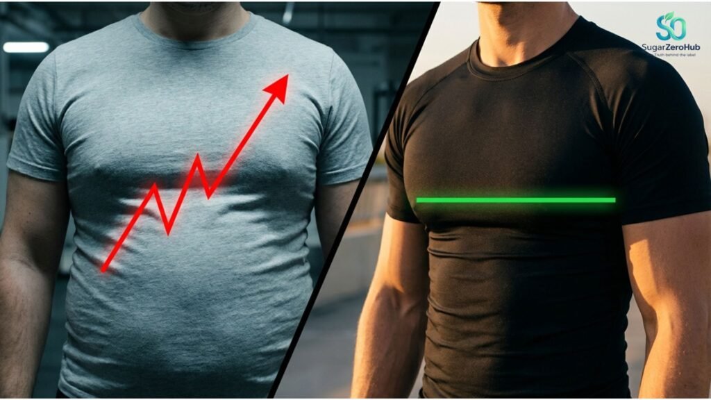 A diagonal split screen contrasting a man with soft chest tissue and a red glucose spike (35%) against a lean, muscular male chest with a flat green blood sugar line (65%).