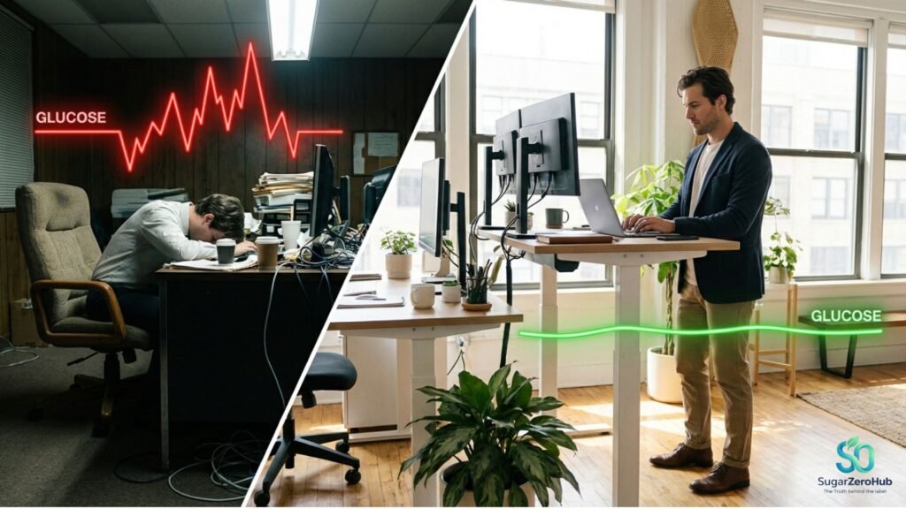A diagonal split screen contrasting an exhausted worker slumped in a chair causing a red insulin spike (35%) against an energized professional at a standing desk with a flat green blood sugar line (65%).