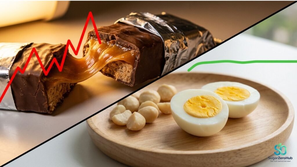 A diagonal split screen contrasting a processed chocolate protein bar causing a red glucose spike (35%) against a healthy plate of boiled eggs and macadamia nuts for perfectly flat blood sugar (65%).