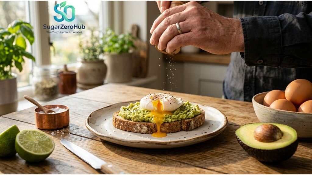 Avocado toast with a poached egg on a wooden table, a healthy breakfast for glucose control and metabolic health.
