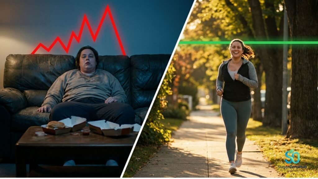 A diagonal split screen contrasting a lethargic person on a couch causing a red glucose spike (35%) against an energized person taking a post-meal walk for a flat green blood sugar line (65%).