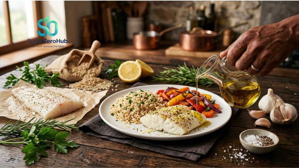 Baked white fish with brown rice and roasted vegetables on a rustic table, a healthy meal for brain health and cognitive focus.