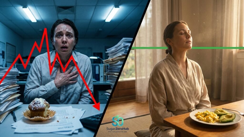 A diagonal split screen contrasting a person having a panic attack during a red blood sugar crash (35%) against a calm, relaxed person with perfectly flat green blood sugar (65%).