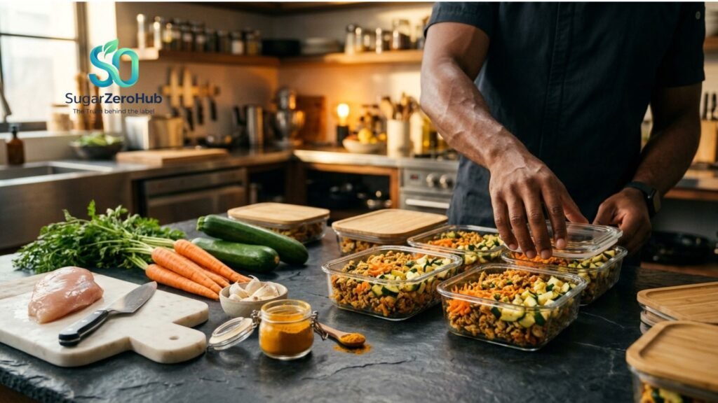 High-protein chicken and vegetable meal prep containers for diabetes prevention and muscle health.