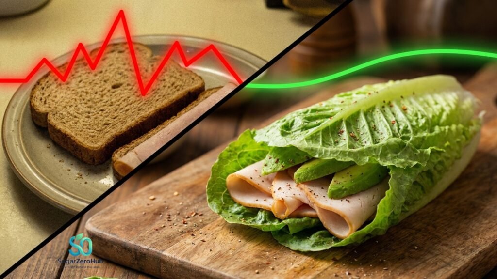 A diagonal split screen contrasting a whole wheat bread sandwich causing a red glucose spike (35%) against a healthy lettuce wrap sandwich for perfectly stable blood sugar (65%).