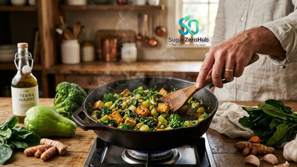 A green vegetable sauté with tofu, broccoli, and turmeric, a healthy stir-fry for glucose control and longevity.