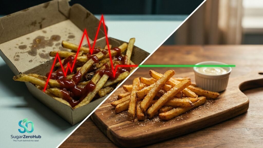 A diagonal split screen contrasting greasy fast-food french fries causing a red glucose spike (35%) against healthy, crispy parmesan turnip fries for perfectly stable blood sugar (65%).