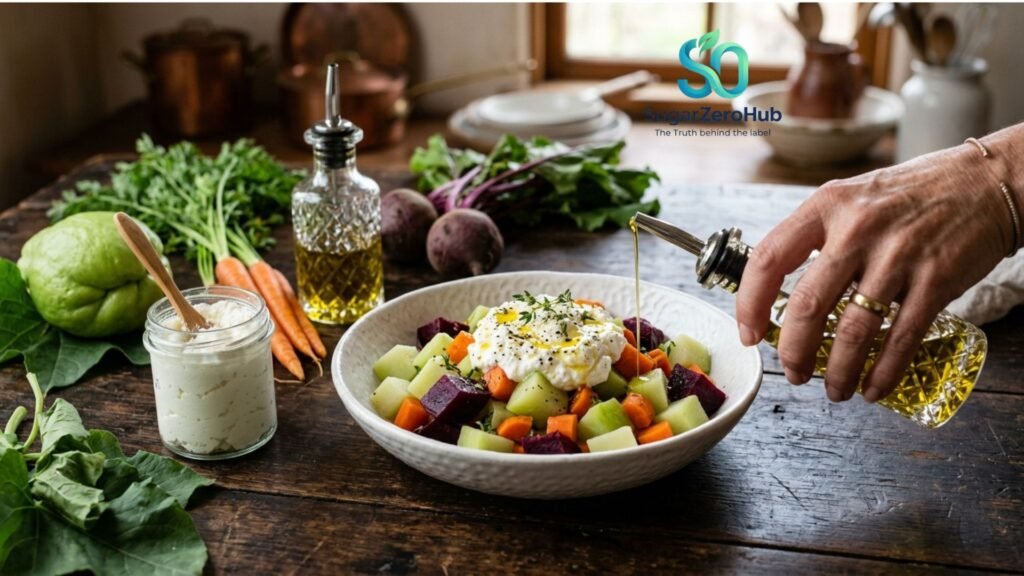 The Glycemic Trap: Why "Healthy" Overcooked Vegetables are a Hidden Danger Al dente steamed chayote, carrot, and beet salad with ricotta, showing how to avoid hidden glycemic dangers.