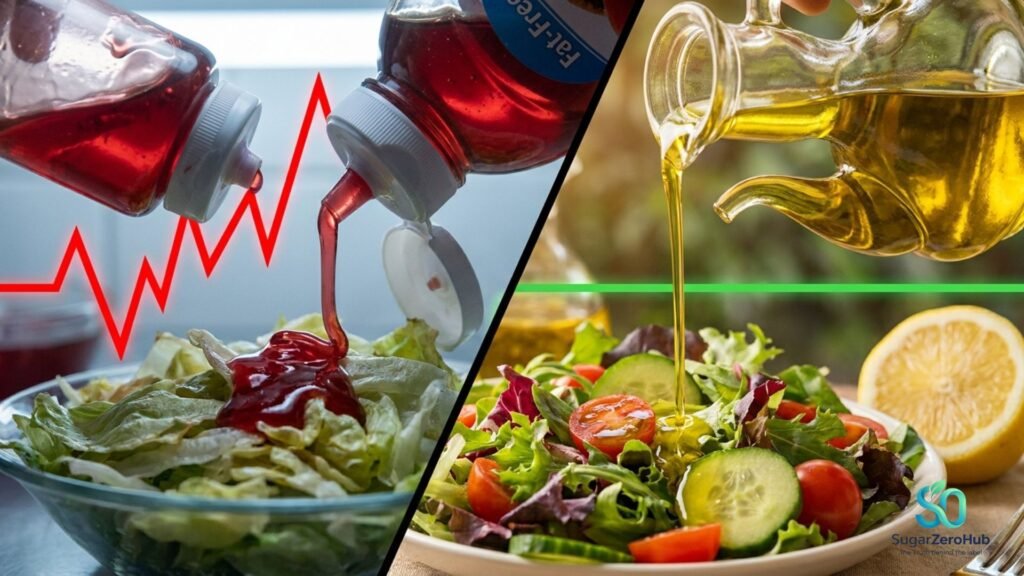 A diagonal split screen contrasting a salad drenched in sugary fat-free dressing causing a red glucose spike (35%) against a healthy salad drizzled with olive oil for perfectly stable blood sugar (65%).