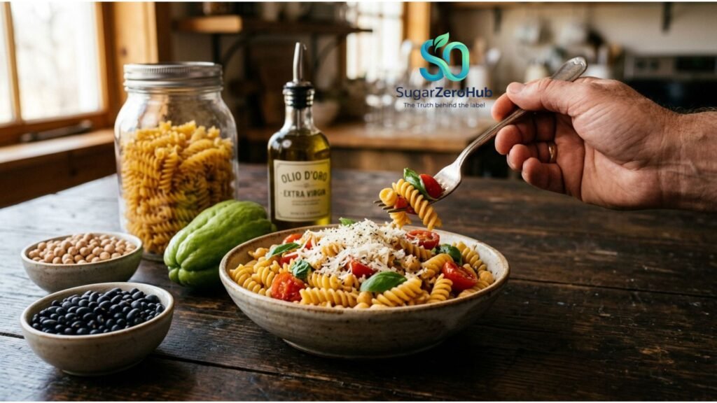 A bowl of chickpea pasta with tomatoes and basil, showing a healthy low-glycemic alternative for men's health.