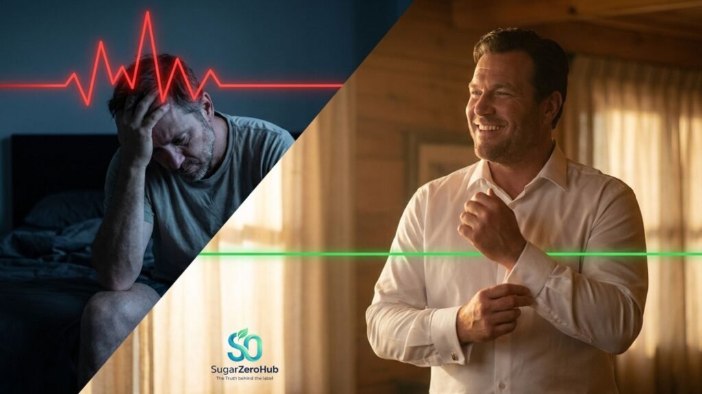 A diagonal split screen contrasting a stressed man sitting on a bed during a red glucose spike (35%) against a confident, energetic man with a flat green blood sugar line (65%).