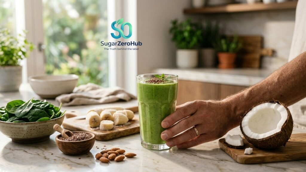 A calming green smoothie with spinach, flaxseeds, and almonds on a kitchen counter, focused on stress relief and metabolic health.