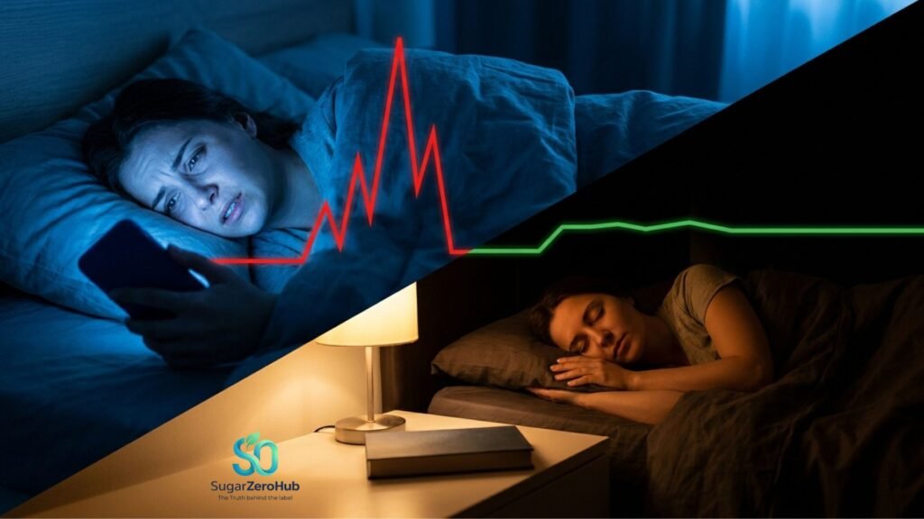 A diagonal split screen contrasting a stressed person staring at a phone causing a red glucose spike (35%) against a person sleeping peacefully for a flat green blood sugar line (65%).