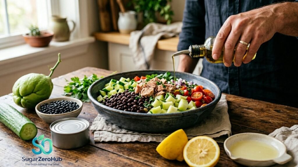 The Satiety Secret: Why Black Beans and Tuna are the Ultimate Weight Loss Duo A high-protein tuna and black bean salad with chayote and cucumber, focused on weight loss and satiety.