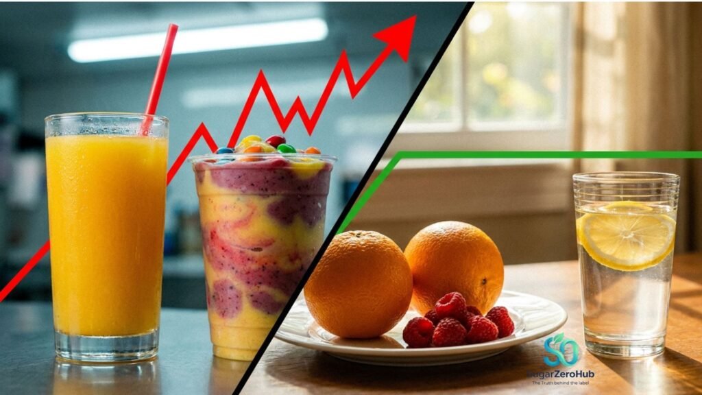 A diagonal split screen contrasting a glass of fruit juice causing a red glucose spike (35%) against whole fruits and lemon water for perfectly stable blood sugar (65%).