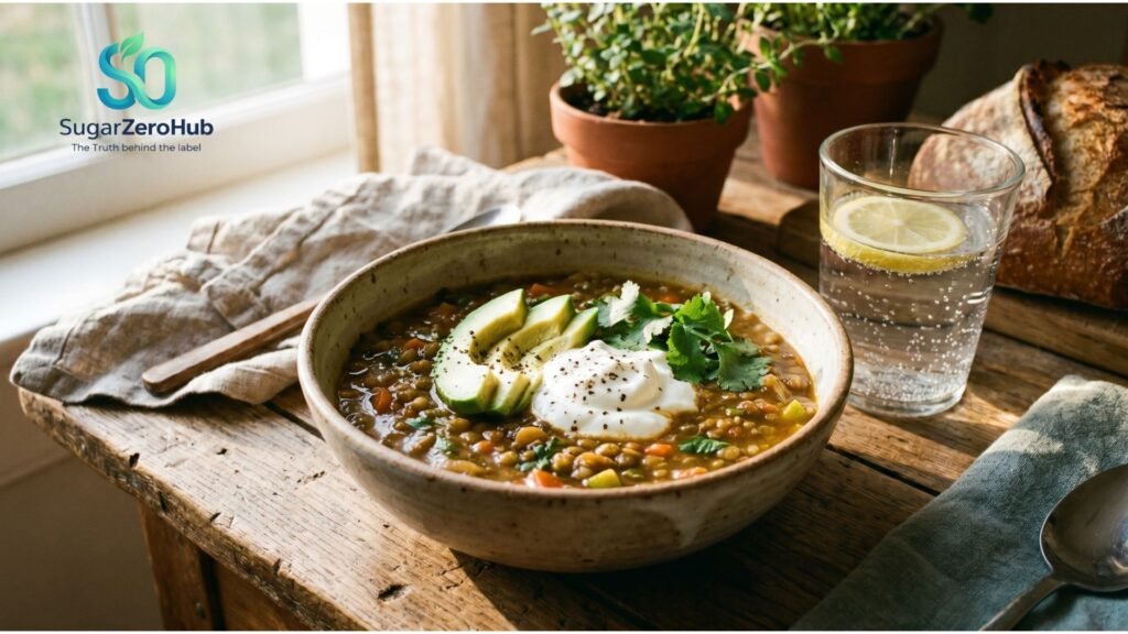 A vibrant, sunlit photograph of a rustic bowl of lentil and vegetable soup with avocado, symbolizing a healthy lunch to activate the second meal effect and control blood sugar.
