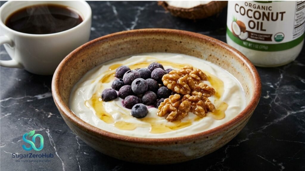A beautiful, high-quality photograph of a brain-boosting yogurt bowl with wild blueberries and walnuts, designed to clear brain fog and provide healthy fats.