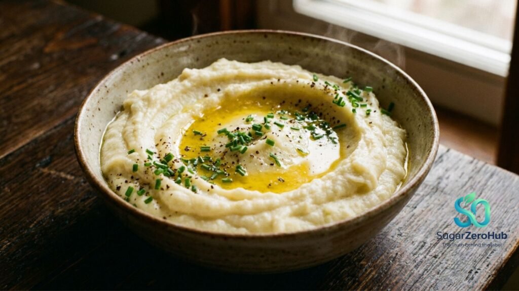 A beautiful, high-quality photograph of creamy cauliflower mash topped with melted butter and chives, an ideal zero-spike substitute for mashed potatoes.