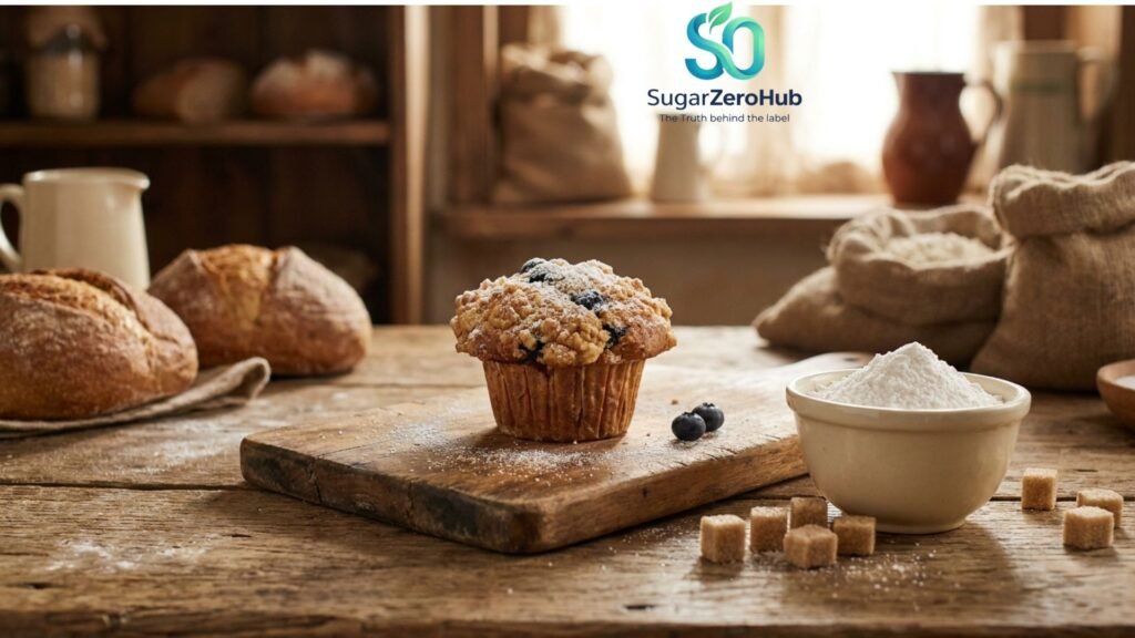 A high-quality photograph of an appetizing gluten-free muffin next to a bowl of refined white tapioca starch, illustrating the hidden blood sugar spike in healthy swaps.