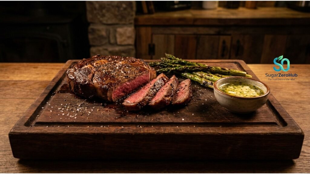 A premium photograph of a juicy, sliced grass-fed ribeye steak with roasted asparagus, representing the perfect high-protein meal to overcome anabolic resistance and build muscle.
