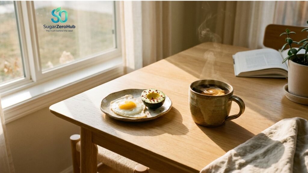 A beautiful morning lifestyle photograph of a creamy coffee served alongside a healthy avocado and egg breakfast to prevent cortisol spikes and blood sugar crashes.