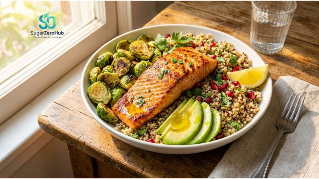 A high-quality photograph of a large, satiating salmon and avocado harvest bowl, demonstrating how real, substantial meals eliminate the need for constant snacking and aid in weight loss.