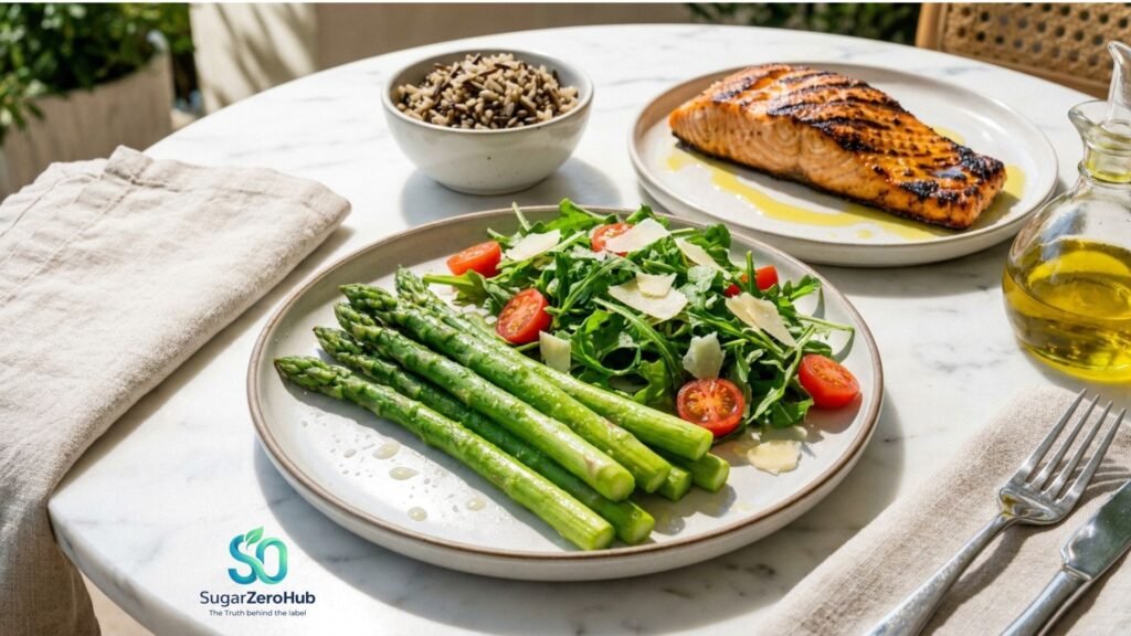 A high-quality, whole photograph of a healthy meal with asparagus and salmon, illustrating the correct food sequence to control blood sugar.